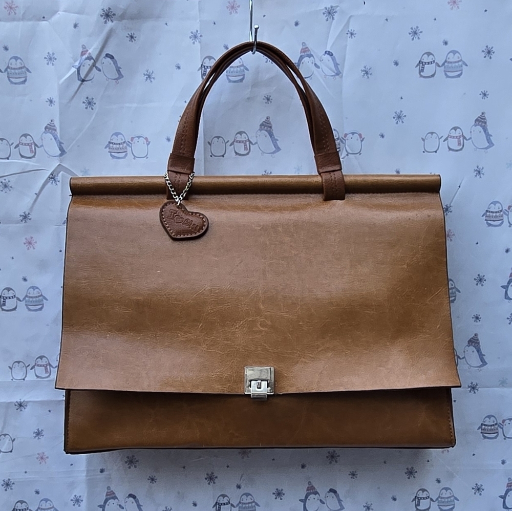 Rina Rich Vintage Brown Leather Top-Handle Handbag with Bag Charm Accents